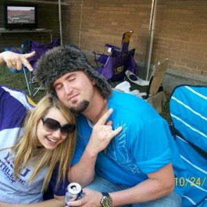 meg and myself at the LSU game.  thats my drinking hat!