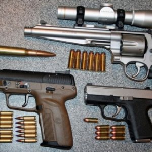 S&W 629 Performance Center Hunter - .44 Magnum (6)
Kahr Arms PM9 - 9mm (6+1)
FN Herstal FiveSeven - 5.7mm x 28mm (20 + 1)
.50 BMG round for compari